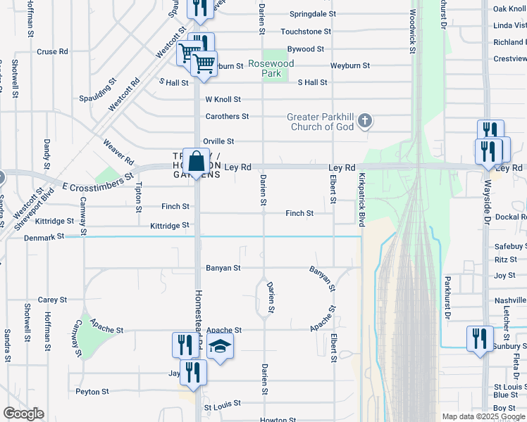 map of restaurants, bars, coffee shops, grocery stores, and more near 7398 Darien Street in Houston
