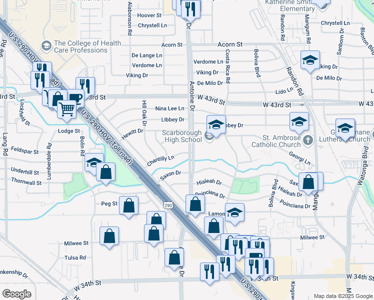 map of restaurants, bars, coffee shops, grocery stores, and more near 5502 Chantilly Lane in Houston