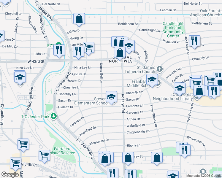 map of restaurants, bars, coffee shops, grocery stores, and more near 1835 Cheshire Lane in Houston