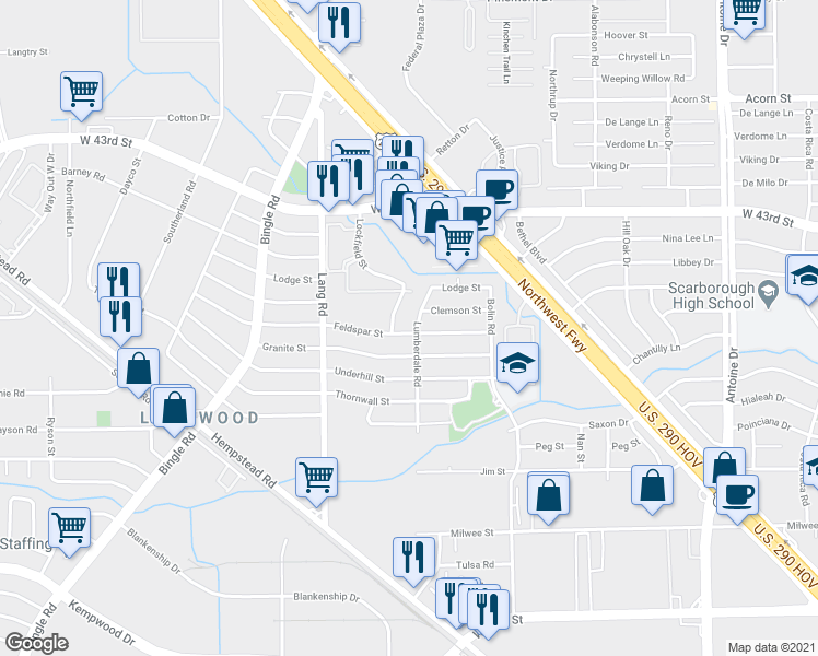 map of restaurants, bars, coffee shops, grocery stores, and more near 4103 Lumberdale Road in Houston