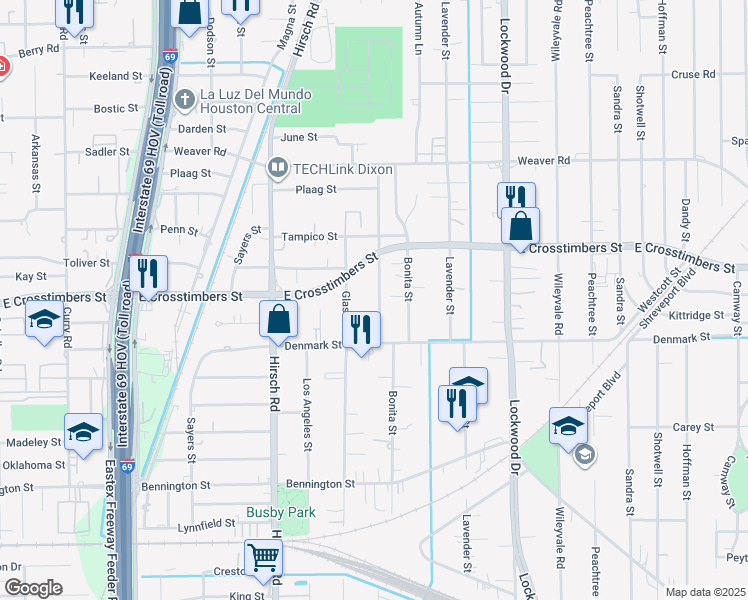 map of restaurants, bars, coffee shops, grocery stores, and more near 7621 Pointer Street in Houston