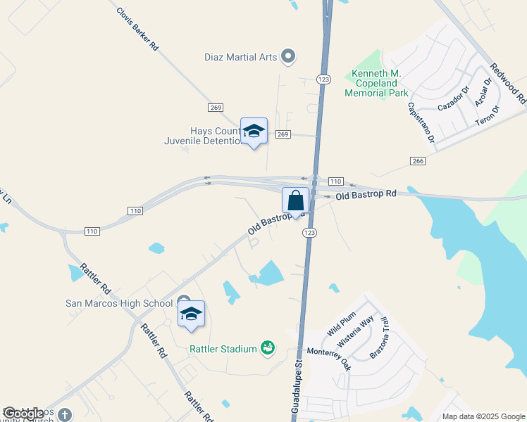 map of restaurants, bars, coffee shops, grocery stores, and more near 2304 South Old Bastrop Highway in San Marcos