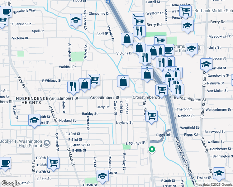 map of restaurants, bars, coffee shops, grocery stores, and more near 4412 Castor Street in Houston