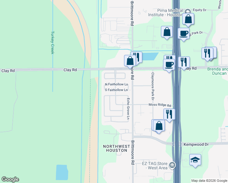 map of restaurants, bars, coffee shops, grocery stores, and more near 12003 S Fairhollow Ln in Houston