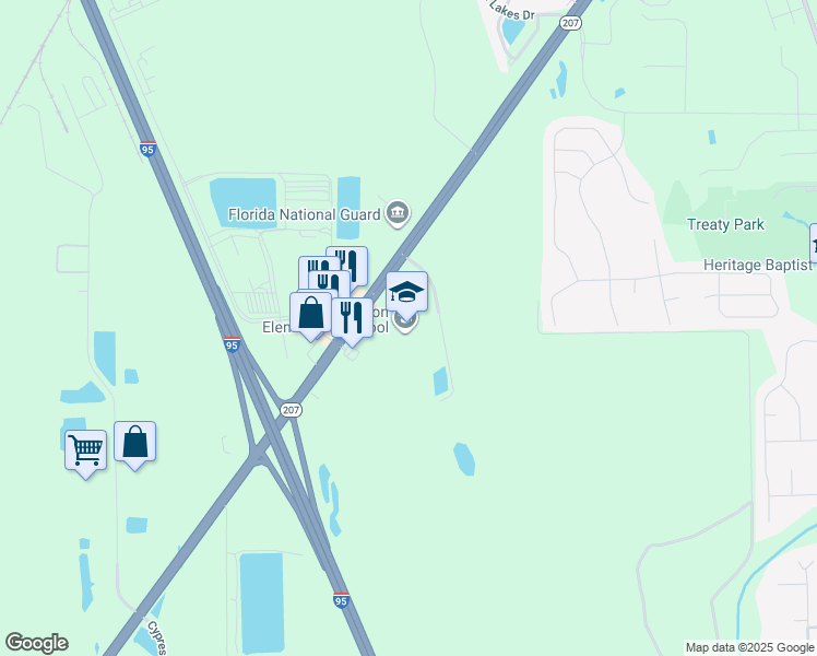 map of restaurants, bars, coffee shops, grocery stores, and more near 207 Mason Manatee Way in St. Augustine