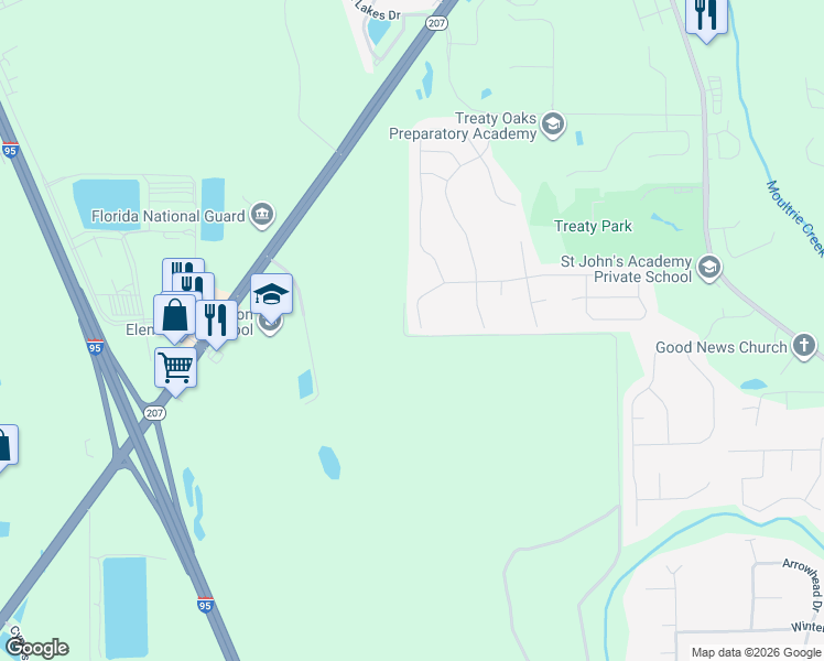 map of restaurants, bars, coffee shops, grocery stores, and more near 11 Sandstone Drive in St. Augustine