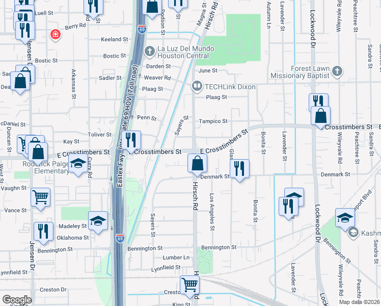 map of restaurants, bars, coffee shops, grocery stores, and more near 4122 East Crosstimbers Street in Houston