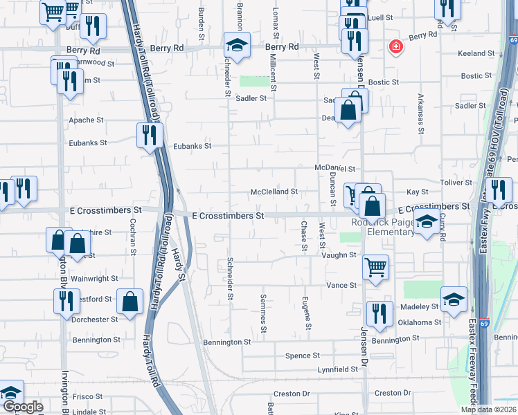 map of restaurants, bars, coffee shops, grocery stores, and more near 2009 East Crosstimbers Street in Houston
