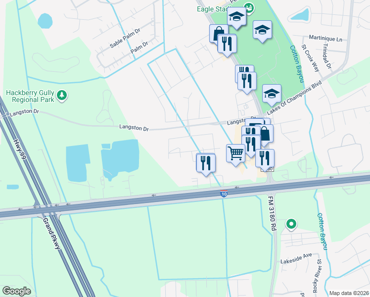 map of restaurants, bars, coffee shops, grocery stores, and more near 3227 Keeling Lane in Mont Belvieu