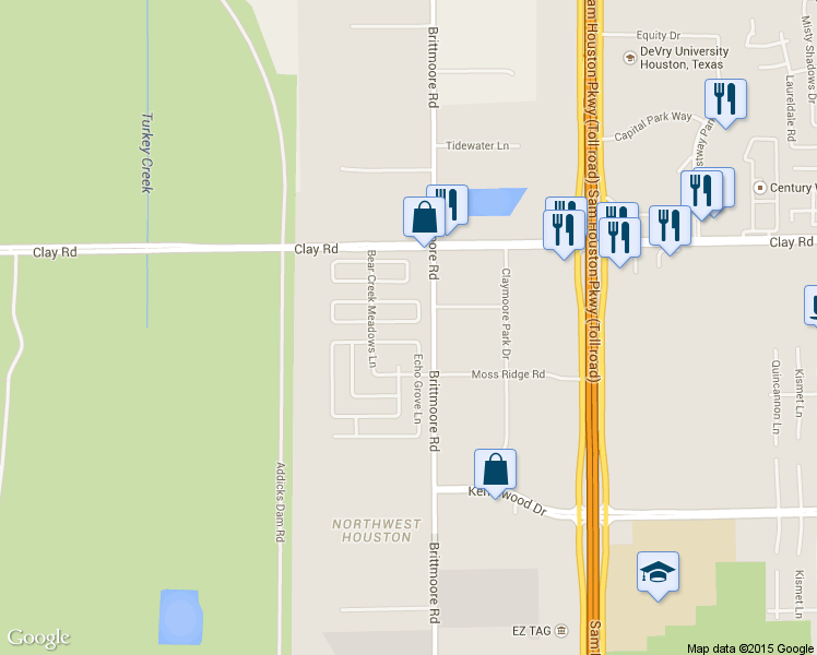 map of restaurants, bars, coffee shops, grocery stores, and more near 11839 South Fairhollow Lane in Houston