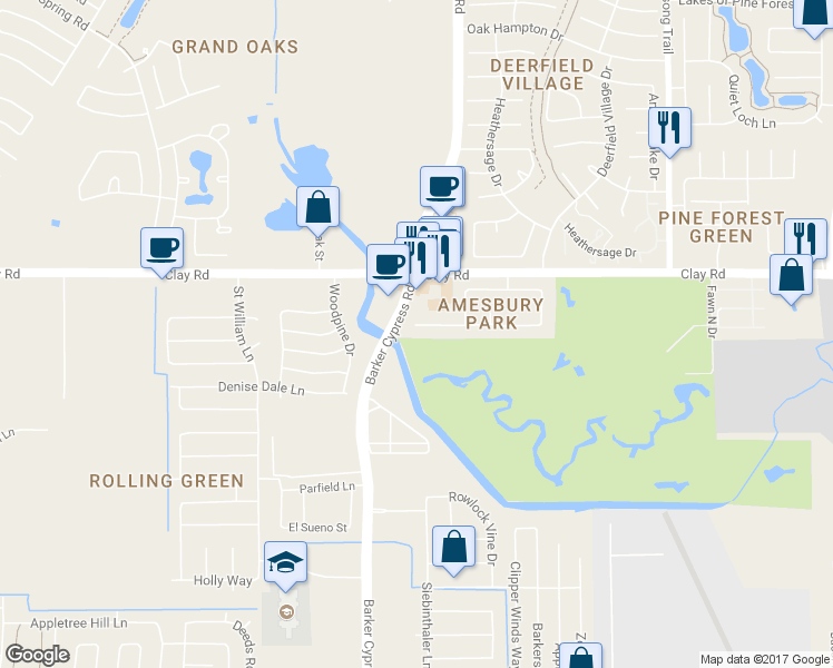 map of restaurants, bars, coffee shops, grocery stores, and more near 18331 Langsbury Drive in Houston