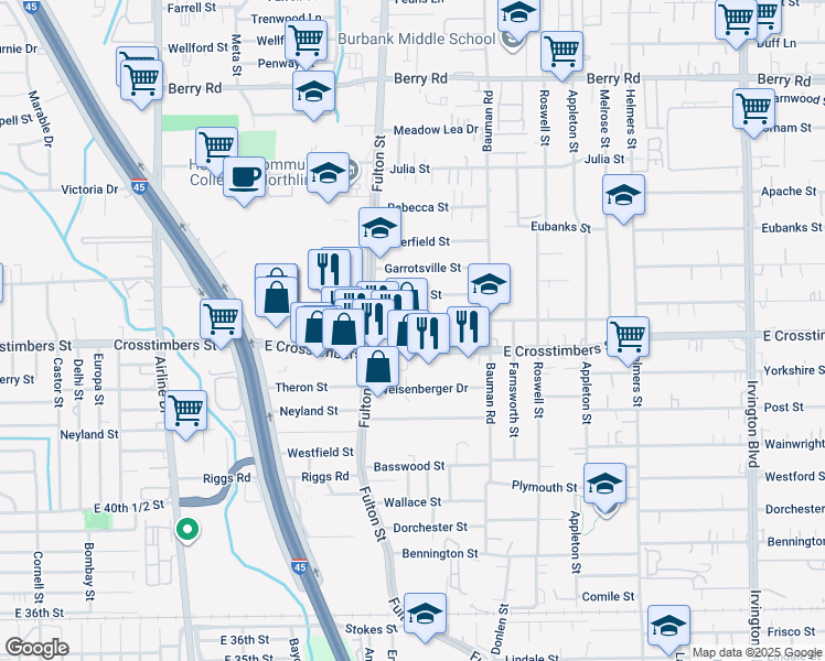 map of restaurants, bars, coffee shops, grocery stores, and more near 126 Van Molan Street in Houston