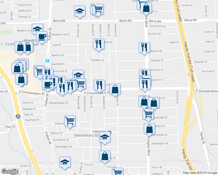 map of restaurants, bars, coffee shops, grocery stores, and more near 500 Van Molan Street in Houston