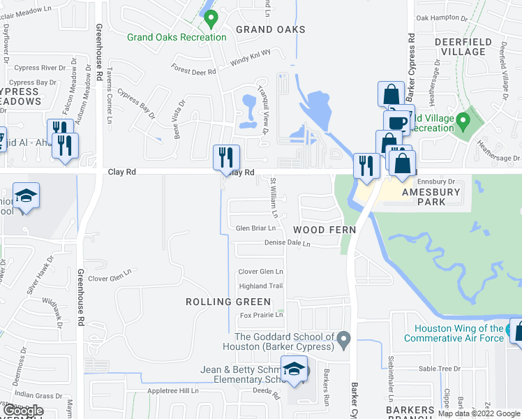 map of restaurants, bars, coffee shops, grocery stores, and more near 18718 Trail Bend Lane in Houston