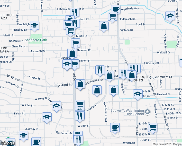 map of restaurants, bars, coffee shops, grocery stores, and more near 508 West Crosstimbers Street in Houston