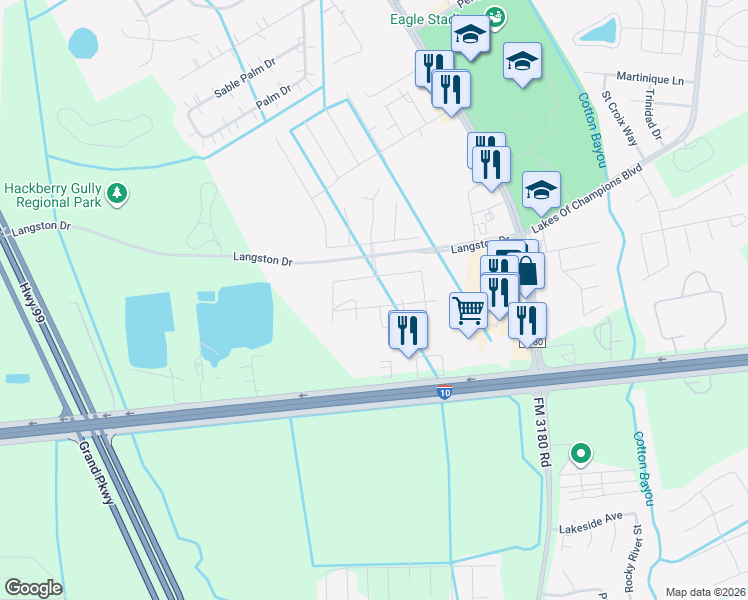 map of restaurants, bars, coffee shops, grocery stores, and more near 3227 Keeling Lane in Mont Belvieu