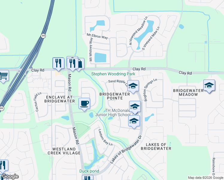 map of restaurants, bars, coffee shops, grocery stores, and more near 3907 Bridgebay Lane in Katy