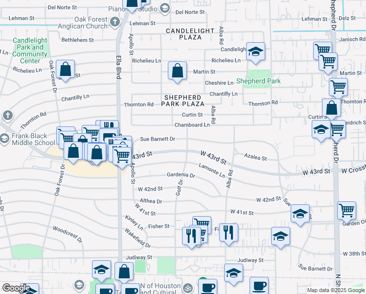 map of restaurants, bars, coffee shops, grocery stores, and more near 1006 West 43rd Street in Houston