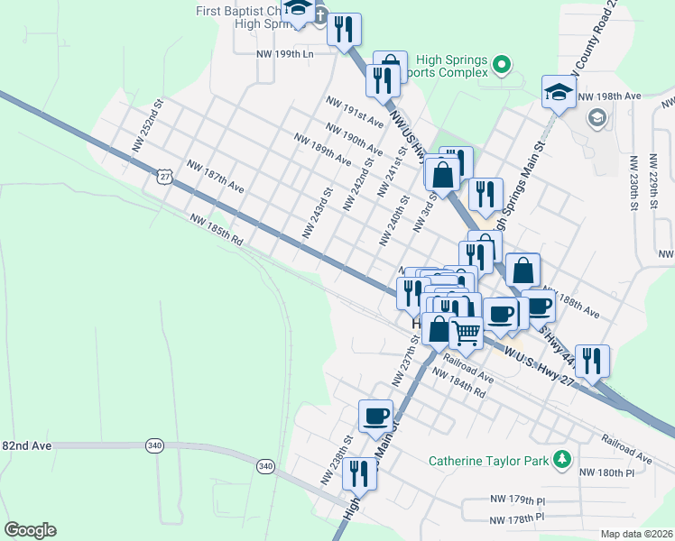 map of restaurants, bars, coffee shops, grocery stores, and more near 35 Northwest 5th Street in High Springs