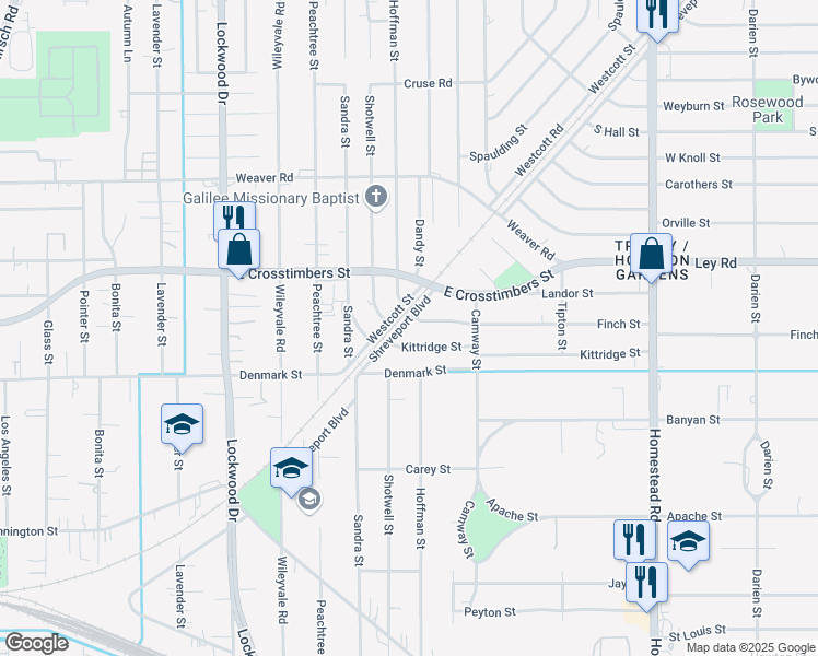 map of restaurants, bars, coffee shops, grocery stores, and more near 5502 Finch Street in Houston