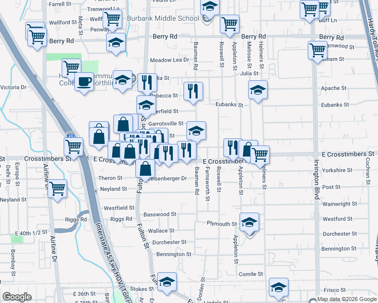 map of restaurants, bars, coffee shops, grocery stores, and more near 7409 Bauman Road in Houston