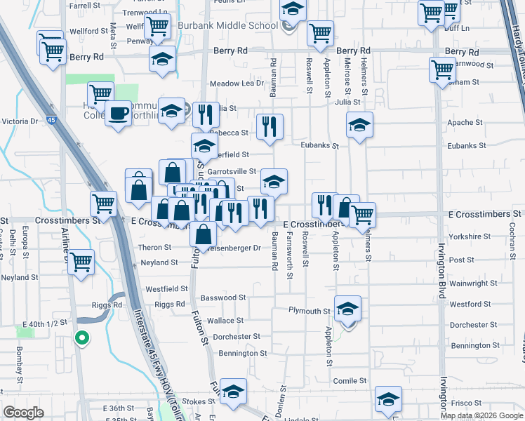 map of restaurants, bars, coffee shops, grocery stores, and more near 7409 Bauman Road in Houston