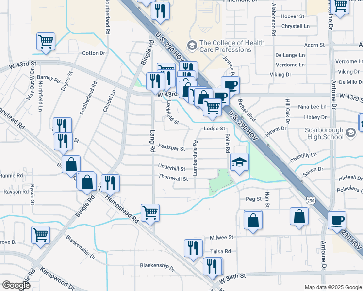 map of restaurants, bars, coffee shops, grocery stores, and more near 6502 Feldspar Street in Houston