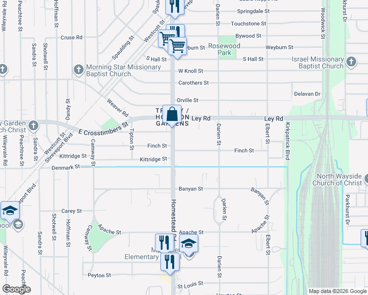 map of restaurants, bars, coffee shops, grocery stores, and more near 7119 Finch Street in Houston