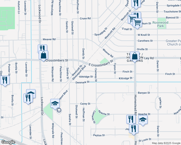 map of restaurants, bars, coffee shops, grocery stores, and more near 5618 Finch Street in Houston