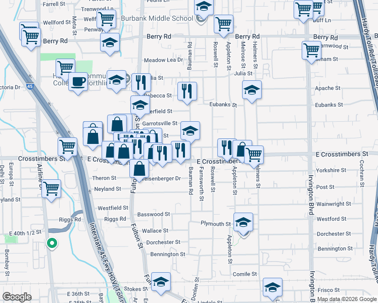 map of restaurants, bars, coffee shops, grocery stores, and more near 7409 Bauman Rd in Houston