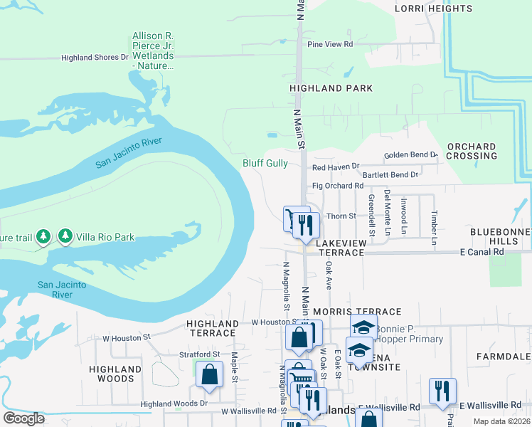 map of restaurants, bars, coffee shops, grocery stores, and more near 203 Riverside Street in Highlands