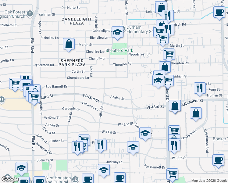 map of restaurants, bars, coffee shops, grocery stores, and more near 1339 Sue Barnett Drive in Houston