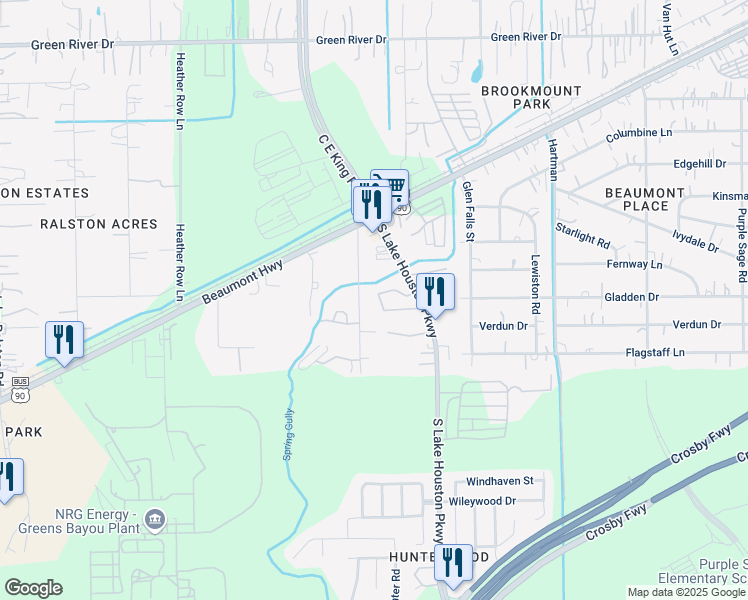 map of restaurants, bars, coffee shops, grocery stores, and more near 7110 Gregdale Road in Houston