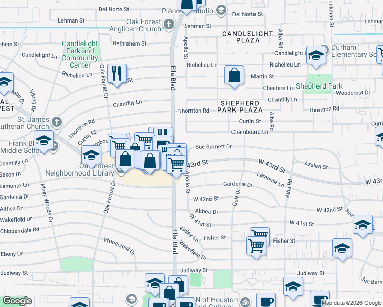 map of restaurants, bars, coffee shops, grocery stores, and more near 4311 Apollo Street in Houston