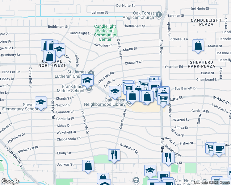 map of restaurants, bars, coffee shops, grocery stores, and more near 1430 Overhill Street in Houston