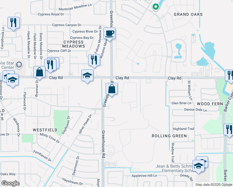 map of restaurants, bars, coffee shops, grocery stores, and more near 3880 Greenhouse Road in Houston