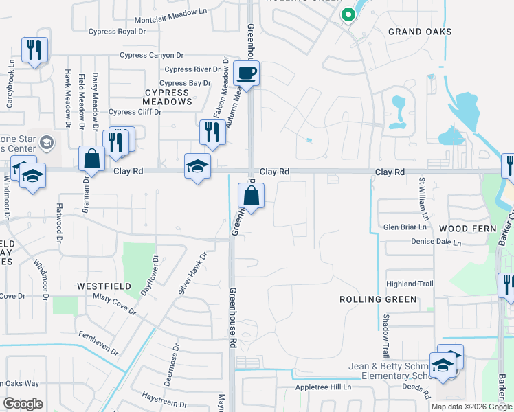 map of restaurants, bars, coffee shops, grocery stores, and more near 3880 Greenhouse Road in Houston