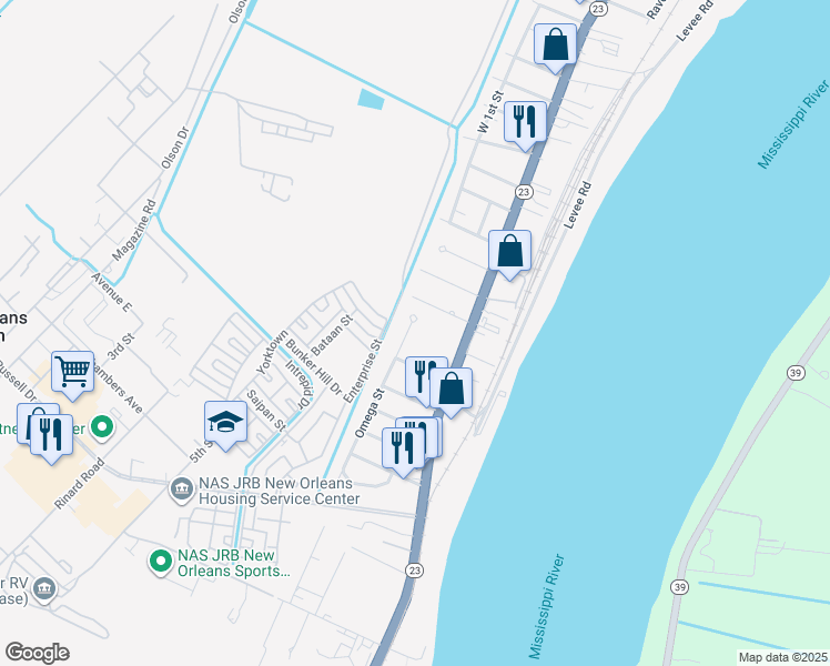 map of restaurants, bars, coffee shops, grocery stores, and more near 108 Omega Street in Belle Chasse