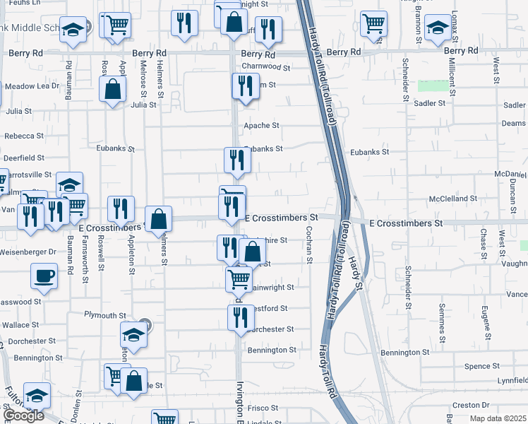 map of restaurants, bars, coffee shops, grocery stores, and more near 903 East Crosstimbers Street in Houston