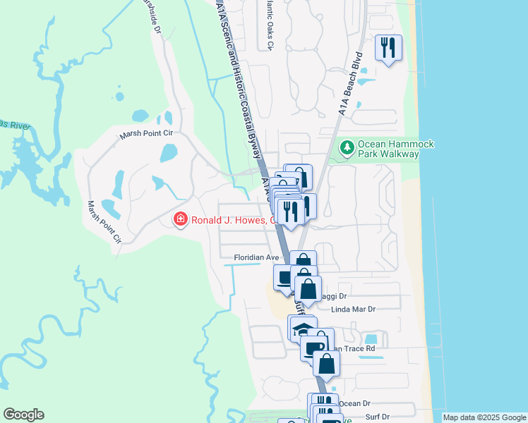 map of restaurants, bars, coffee shops, grocery stores, and more near 3661 Florida A1A in St. Augustine Beach