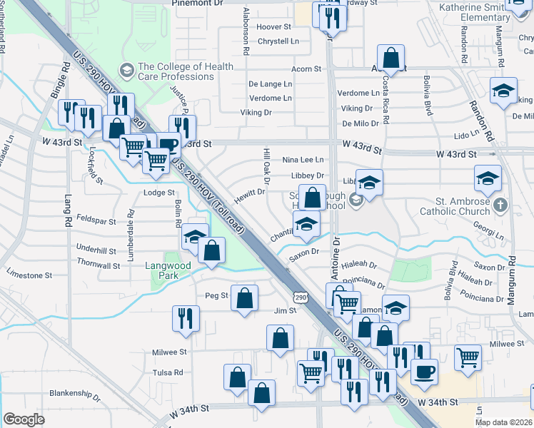 map of restaurants, bars, coffee shops, grocery stores, and more near 4119 Hill Oak Drive in Houston