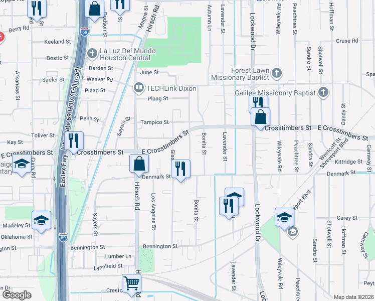 map of restaurants, bars, coffee shops, grocery stores, and more near 7621 Pointer Street in Houston