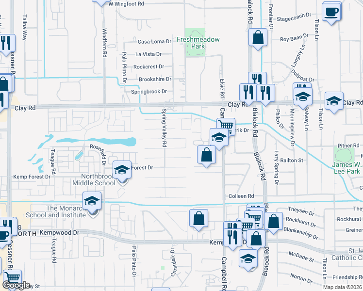 map of restaurants, bars, coffee shops, grocery stores, and more near 9623 Springmont Drive in Houston