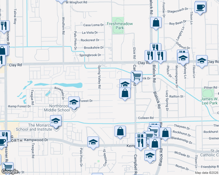 map of restaurants, bars, coffee shops, grocery stores, and more near 9623 Springmont Drive in Houston