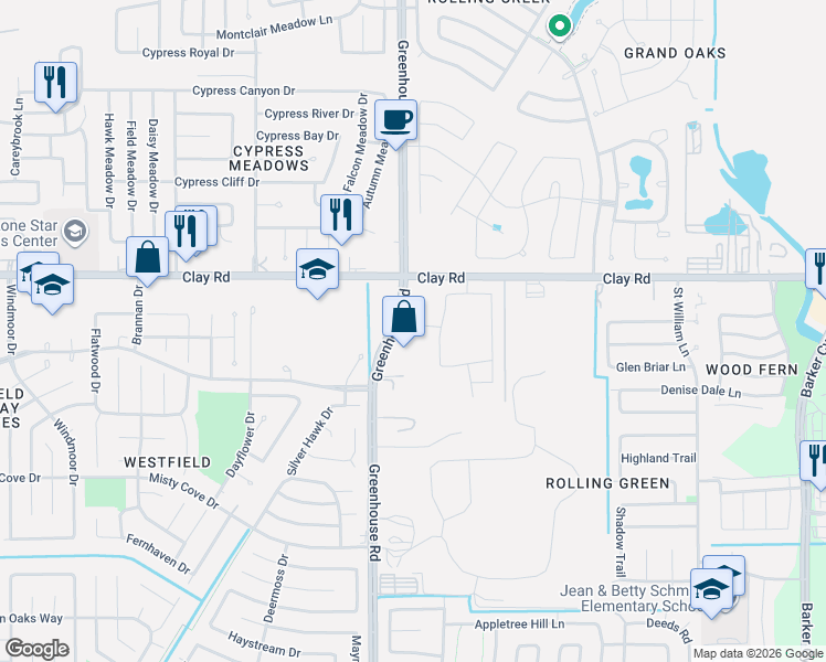 map of restaurants, bars, coffee shops, grocery stores, and more near 3880 Greenhouse Road in Houston