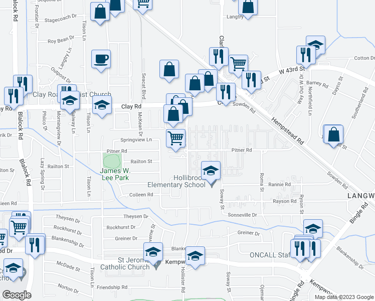 map of restaurants, bars, coffee shops, grocery stores, and more near Pitner Road in Houston