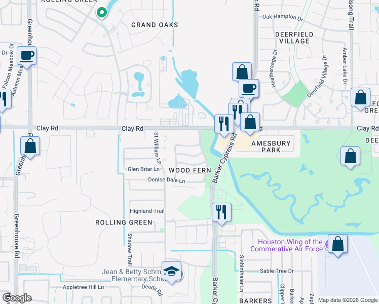 map of restaurants, bars, coffee shops, grocery stores, and more near 18551 Trail Bend Lane in Houston
