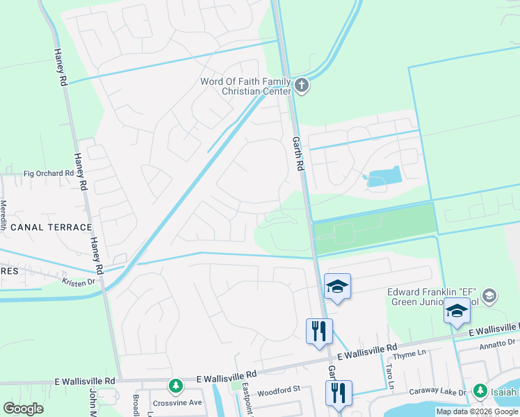 map of restaurants, bars, coffee shops, grocery stores, and more near 4710 Cedar Sage Drive in Baytown