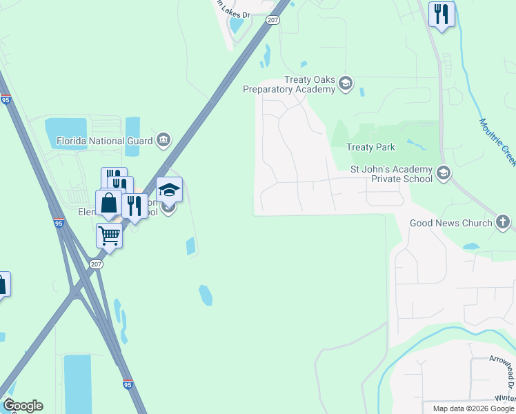 map of restaurants, bars, coffee shops, grocery stores, and more near 11 Sandstone Drive in St. Augustine