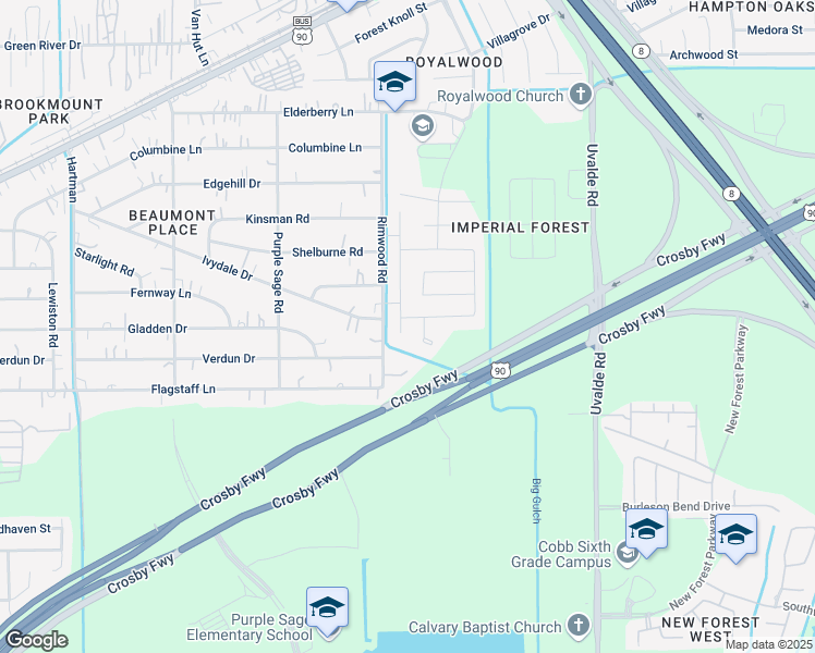 map of restaurants, bars, coffee shops, grocery stores, and more near 7224-7298 Rimwood Road in Houston